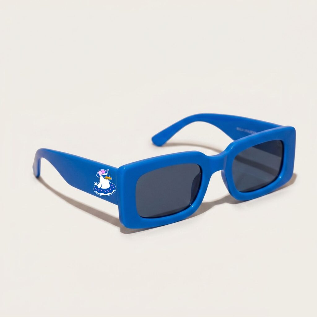 Lunettes de soleil femme tendance avec monture en plastique bleu azur et forme rectangle, verres gris foncé, posées sur fond clair minimaliste, logo Chouchou Beignet sur la branche, accessoire plage de la collection été Marseille.
