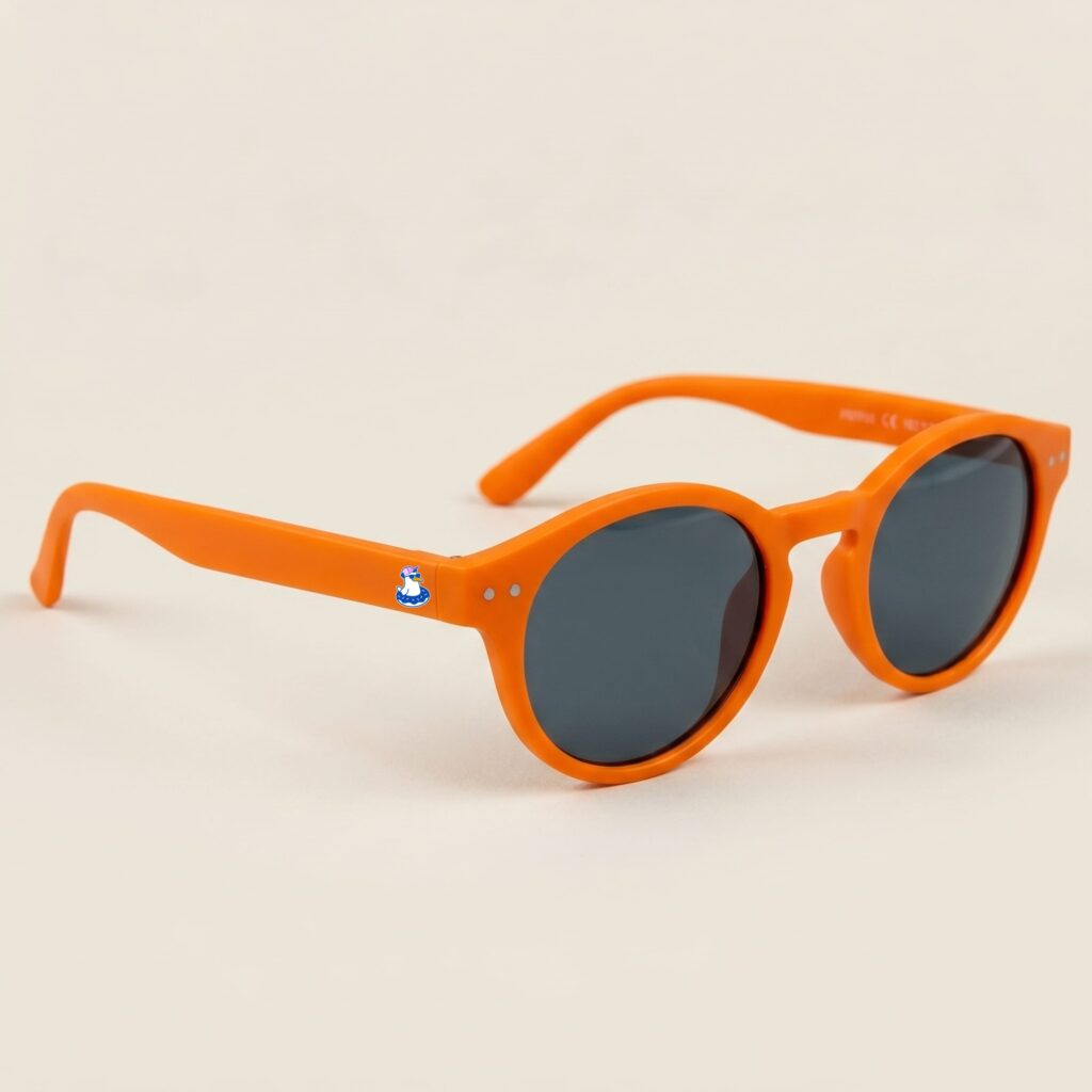 Lunettes de soleil femme tendance avec monture en plastique orange vif et forme pantos, verres gris-bleu teinté, posées sur fond clair minimaliste, logo Chouchou Beignet sur la branche, accessoire plage de la collection été Marseille.
