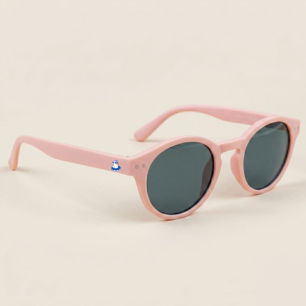 Lunettes de soleil femme tendance avec monture en plastique rose bonbon et forme pantos, verres bleu-gris teinté, posées sur fond clair minimaliste, logo Chouchou Beignet sur la branche, accessoire plage de la collection été Marseille.