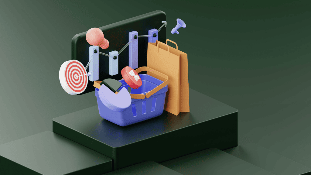 Illustration 3D représentant un panier de courses, des sacs de shopping et des graphiques de croissance sur un smartphone, symbolisant les achats malins en ligne.