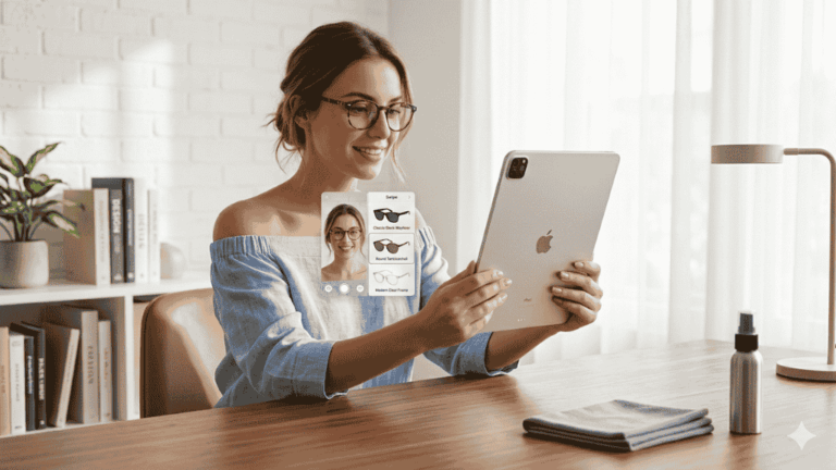 Femme utilisant une tablette pour essayer virtuellement différentes montures de lunettes de soleil grâce à une application de réalité augmentée.