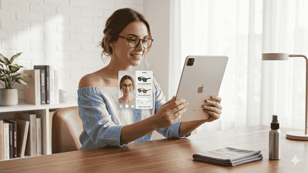 Femme utilisant une tablette pour essayer virtuellement différentes montures de lunettes de soleil grâce à une application de réalité augmentée.