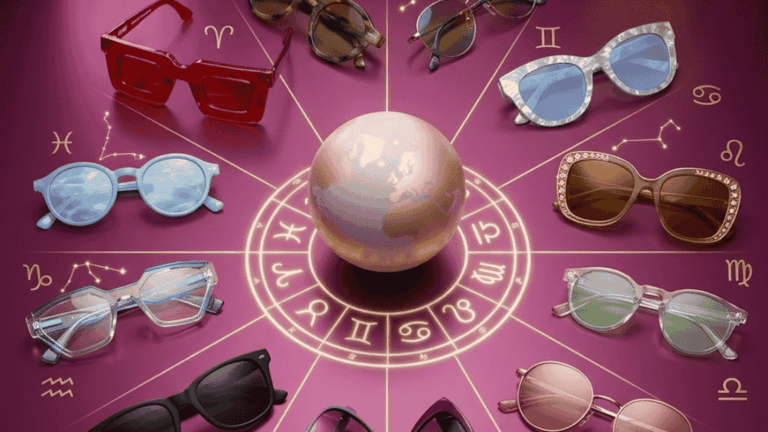 Douze paires de lunettes de soleil de styles différents disposées en cercle autour d'une roue du zodiaque lumineuse sur un fond violet mystique.