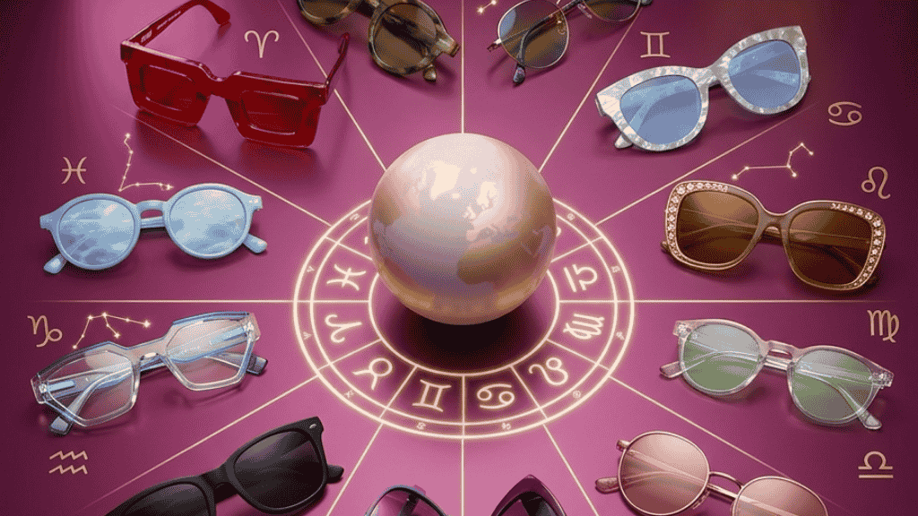 Douze paires de lunettes de soleil de styles différents disposées en cercle autour d'une roue du zodiaque lumineuse sur un fond violet mystique.