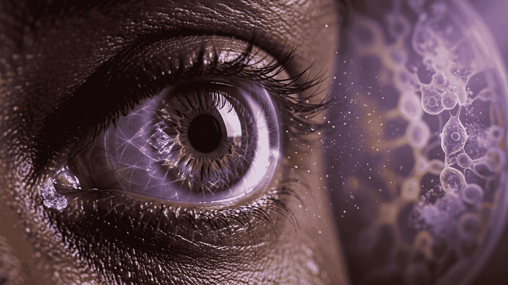ros plan détaillé de l'œil humain, avec une représentation graphique de la structure cellulaire de la rétine exposée à la lumière, illustrant l'impact des rayons UV.