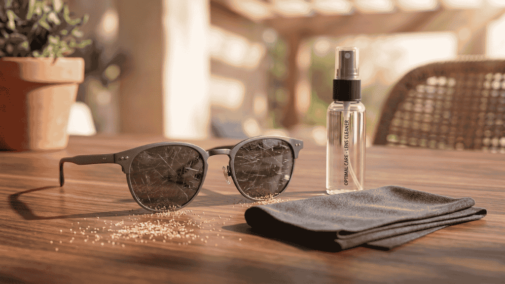 Gros plan sur une paire de lunettes de soleil aux verres fortement rayés posée sur une table en bois avec du sable et un kit de nettoyage, illustrant les dommages d'un mauvais entretien.