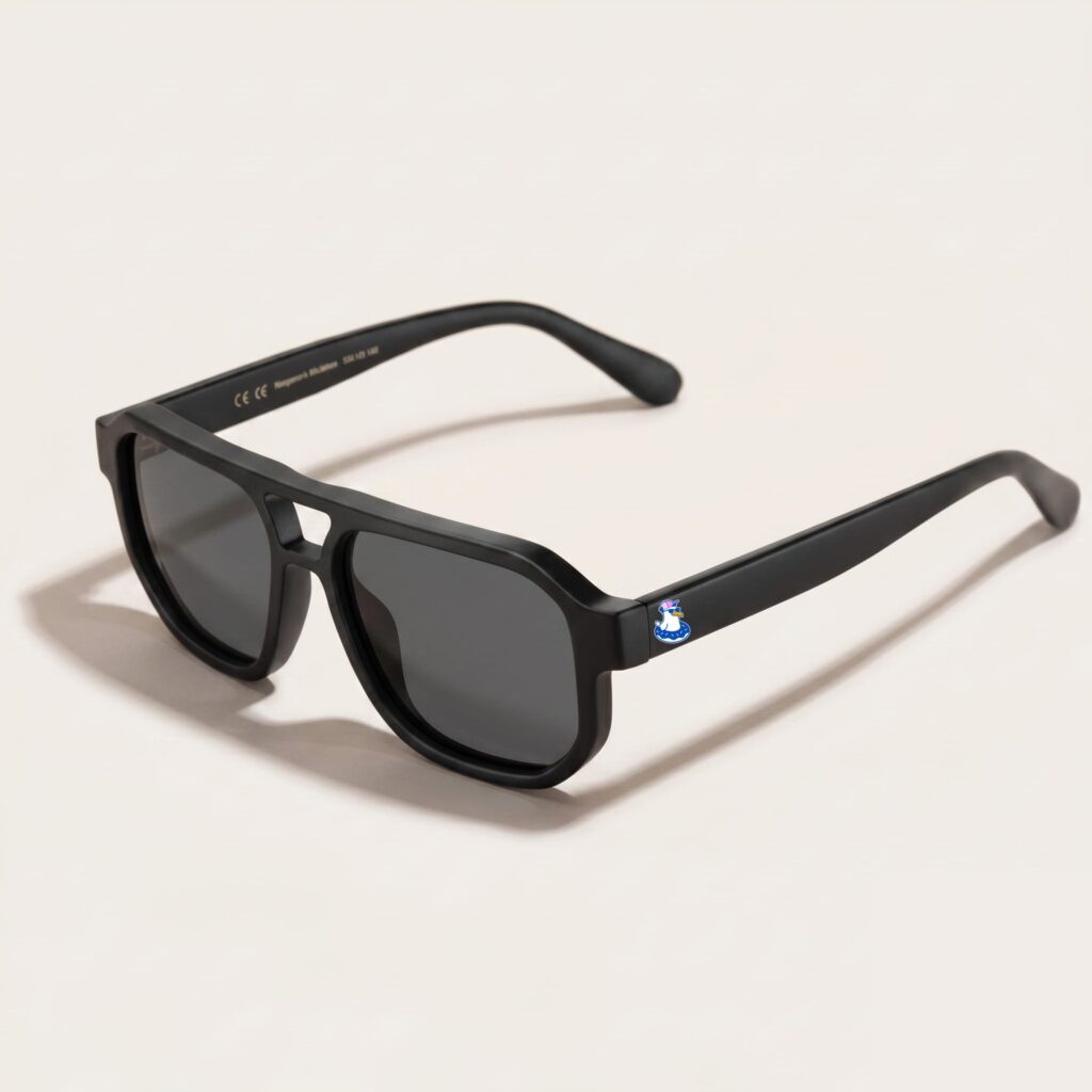 Lunettes de soleil au style aviateur revisité et tendance, se caractérisant par une monture épaisse à double pont en acétate mat de couleur noir profond. Les verres foncés affichent une teinte gris-noir qui protège un max. Présenté de trois-quarts face sur un fond blanc crème très épuré avec une élégante ombre portée sur le côté, cet accessoire plage met en avant le logo Chouchou Beignet avec son gabian en bouée sur la branche gauche, une pièce maîtresse pour la collection été Marseille.